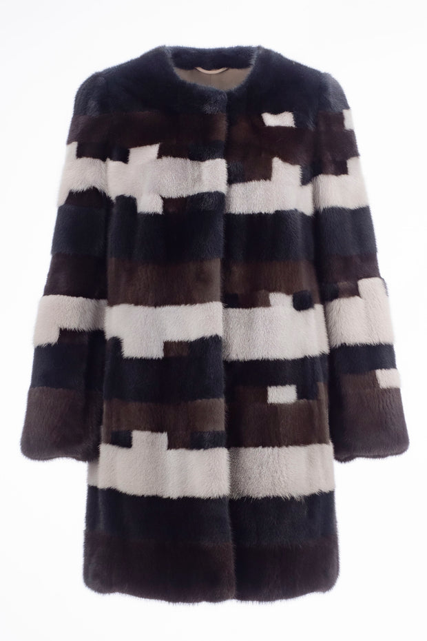 MULTI COLOR BLOCKS PATTERN MINK COAT