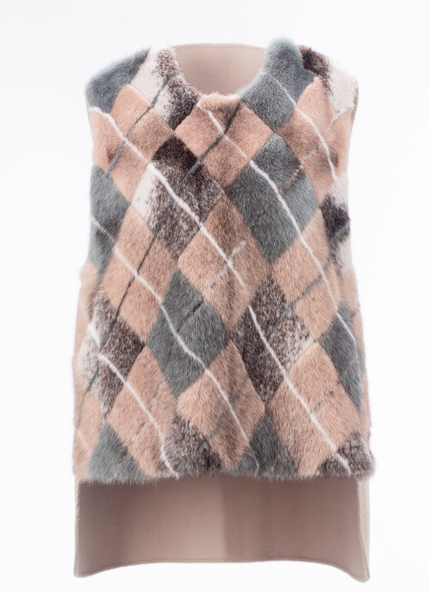 Checked Pattern Mink Vest